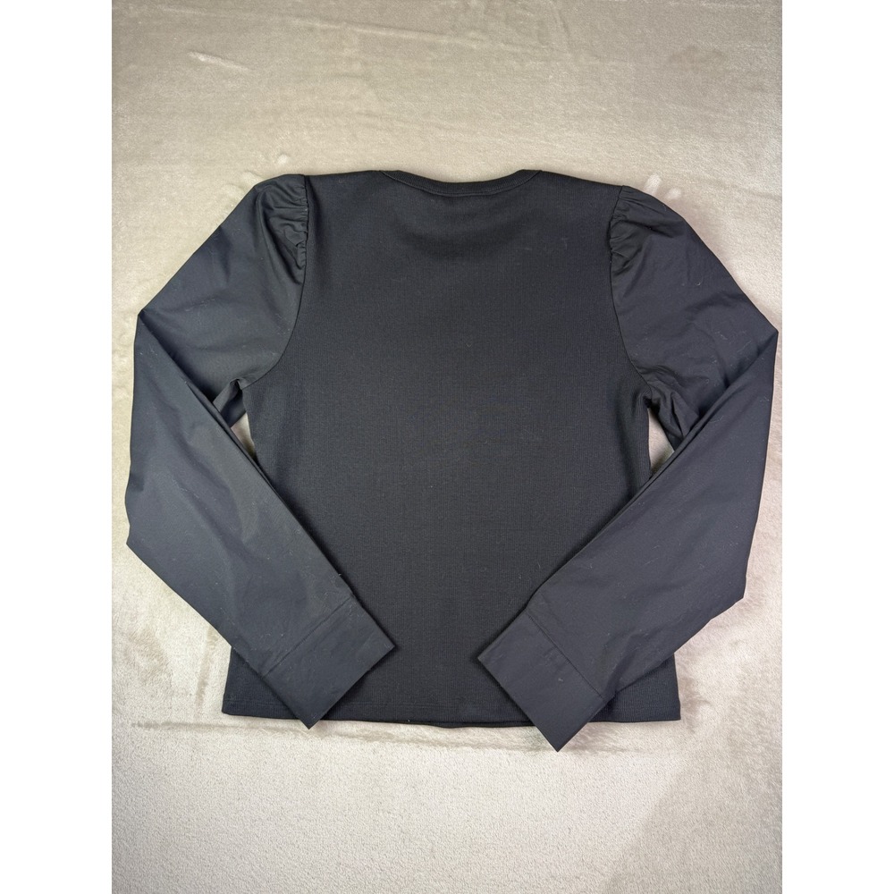 Veronica Beard Black Size Large Fersia Mixed Media Puff Sleeve Ribbed Top Blouse - Picture 5 of 13